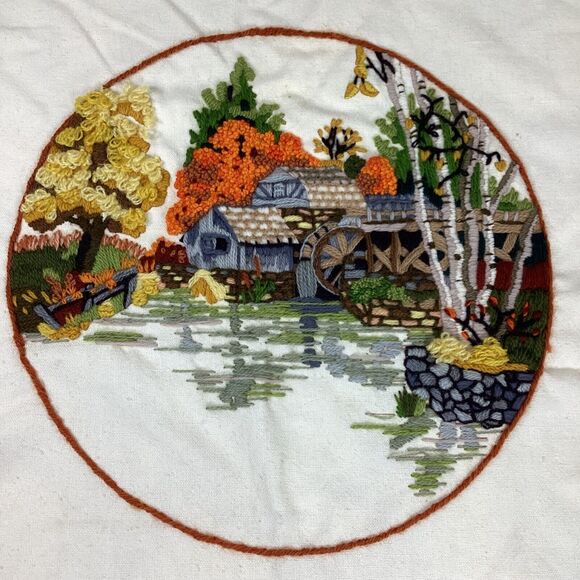 Vintage Mabry Mill Fall Autumn Needlepoint Tapestry Fabric Panel 19" x 20" - Picture 2 of 7